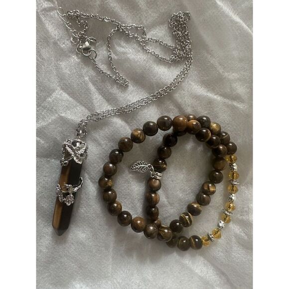 Yellow Tiger Eye Pendant And Set Of 2 Beaded Stretch Bracelets 24” 224 Cttw - Picture 1 of 4